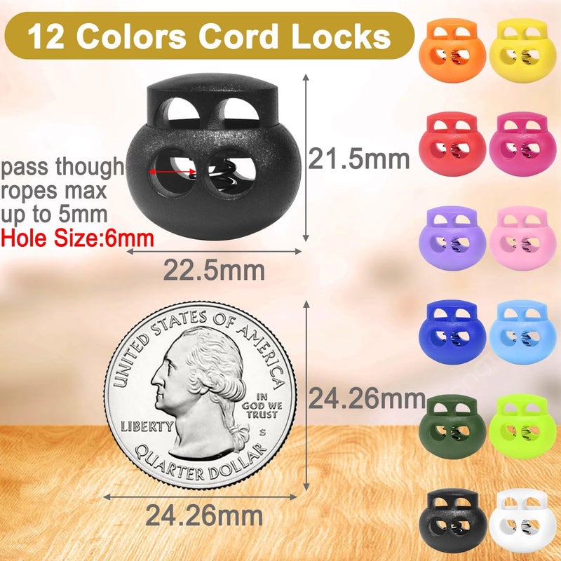 LongSLong 12 Pack Plastic Spring Cord Lock Toggle Stopper for Drawstring, Paracord Cord Stop Elastic Shoelace Lock Shoe Lace No Tie Fastener Slider Clip Double Hole Assorted Color - Image 2